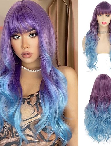  Perruque de carnaval 2026 Bleu Violet Ombre Bouclé Ondulé Long Perruque synthétique de festival Mardi Gras Parade Coiffure de costume de cosplay pour Femmes