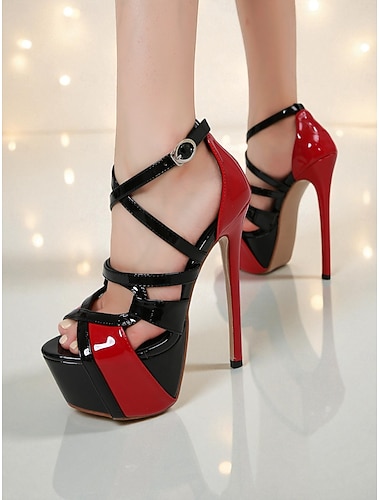  Dámské červeno-černé lakované kožené platformové sandály - ultra vysoké jehlové páskové sandály na noční život, do klubů a na pole dance