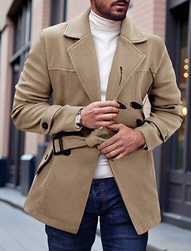  Муж. Бушлат Тренч Отпуск Повседневные Осень Зима Полиэстер Сохраняет тепло Мягкий Верхняя одежда Одежда Мода Классика Полотняное плетение Карман Лацкан Двубортный крой