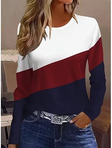  בגדי ריקוד נשים חולצה קצרה גראפי גיאומטרי פסים וינטאג' אופנתי מסוגנן שרוול ארוך צווארון עגול קצר צווארון עגול חולצות רגילות יומי סוף שבוע דפוס פול שחור ורוד מסמיק אודם קיץ אביב סתיו