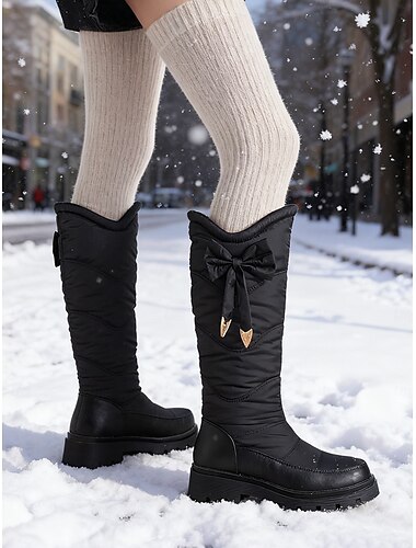  女性用防水ブラックパッド入りスノーブーツ - キルティング加工のフェイクレザーにリボンディテール、暖かい裏地とチャンキーソール、冬、カジュアル、アウトドアアクティビティに最適