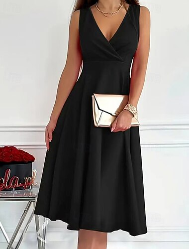  Damen Midikleid schwarzes kleid Partykleid Cocktailkleid Elegant Modern Abendgesellschaft Party Geburtstag Normale Passform Einfach Ärmellos V Ausschnitt Blau Schwarz Rote Sommer Frühling
