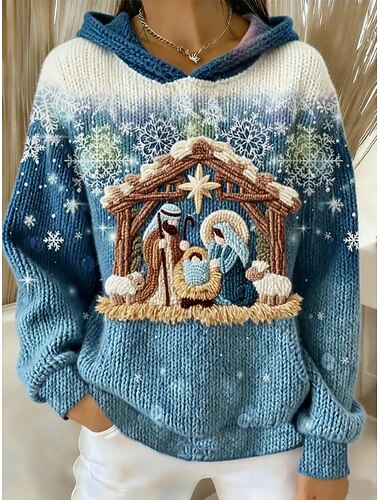  Dames Trui Vintage Dagelijks Vintage-stijl Kerst rendieren Capuchon Afdrukken Lange mouw Normale tops breien Nieuwjaar Lichtgroen blauw Herfst Winter