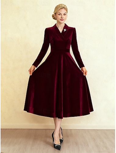  női midi ruha A vonalú ruha bársony ruha elegáns koktélparti parti normál szabású egyszínű hosszú ujjú v nyakú fekete bordó ősz tél