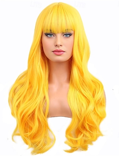  Perruque de carnaval 2026 Jaune Bouclé Ondulé Long Perruque synthétique de festival Mardi Gras Parade Coiffure de costume de cosplay pour Femmes