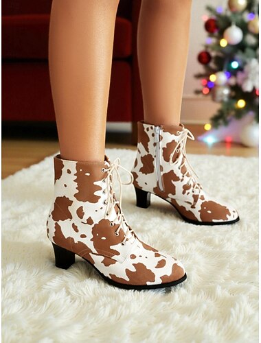  حذاء نسائي بكعب سميك مطبوع عليه جلد البقر مع رباط وسحاب، حذاء أنيق بكعب سميك للملابس الكاجوال والعصرية