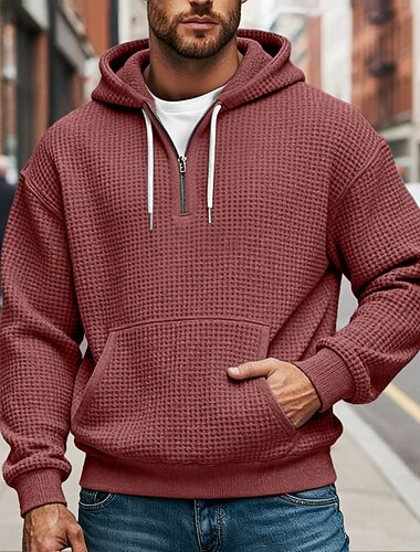  رجالي هوديي هوديس الوافل هودي ربع سحاب أخضر داكن أحمر أزرق البحرية رمادي خفيف رمادي غامق مع قبعة سهل جيب الكنغر محكم الرياضة & في الخارج فضفاض مناسب للبس اليومي غير الطباعة