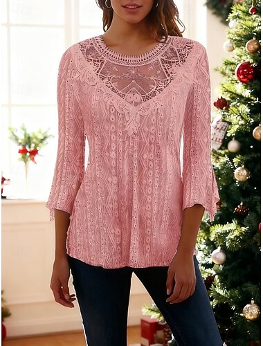  Natal Mulheres Blusa Côr Sólida Elegante à moda Básico Manga 3/4 Gola Redonda Tops regulares Diário Renda Patchwork Branco Rosa Primavera Outono Inverno