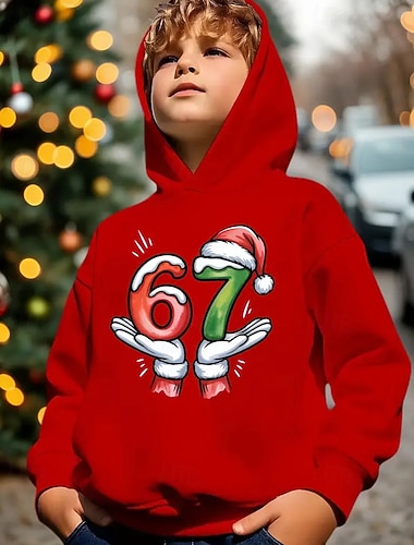  Weihnachten Unisex Jungen 3D Grafik Lustiger Slang 67 Kapuzensweatshirt Pullover Langarm 3D-Druck Herbst Winter Sport Mode Streetwear Kinder 4-12 Jahre Mit Kapuze Outdoor Lässig Täglich Normale
