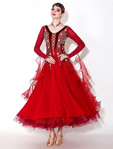  Elegante vestido rojo de baile de salón para mujer, con corpiño de encaje con pedrería, ideal para vals, tango, rumba moderna y competiciones.