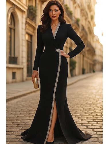  Dames Smokingjurk Trompet zeemeermin Bruiloft Formeel Bruiloft gast 4-way stretchstof Elegant glinsterende Lange mouw Tot de grond V-hals Enkele rij knopen