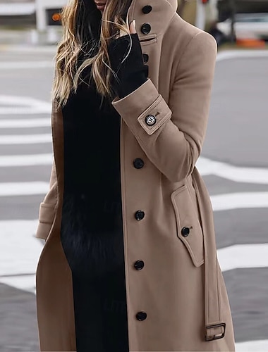  Damen Wintermantel Mantel Warm Bequem Tasche Knöpfe Mit Gürtel Elegant Lässig Einfach Urlaub Straße Lässig Alltagskleidung Lang Umlegekragen Normale Passform Langarm Oberbekleidung Schwarz Rote Khaki
