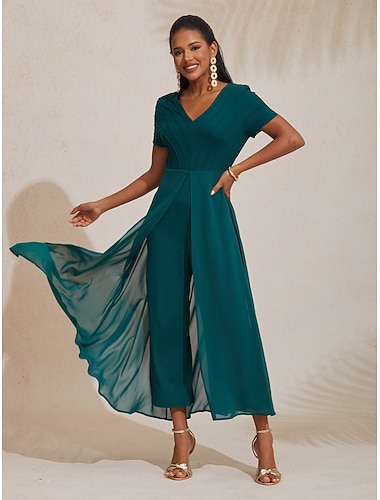  Damen Jumpsuit dunkelgrün V-Ausschnitt Paneled Design Kunst zweiteilig fließend transparent Optik Stretchstoff Ziel Hochzeit Gast Frühling Sommer Herbst