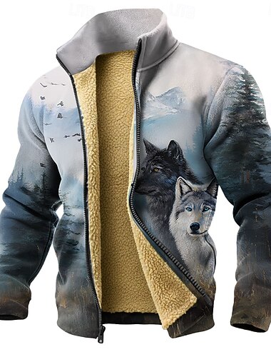  Homme Loup Polaire Sweatshirt Mode Quotidien Simple Occasionnel Col montant Fermeture éclair Extérieur Vacances Cadeau Sortir Bleu Marron Avec Poches Fermeture éclair avant Automne Hiver Designer S M