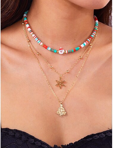  Weihnachtliches Perlenketten-Set für Damen – rote und grüne Perlen mit Anhängern von Weihnachtsmann, Schneemann und Baum, perfekt für Weihnachtsfeiern und festliche Anlässe.