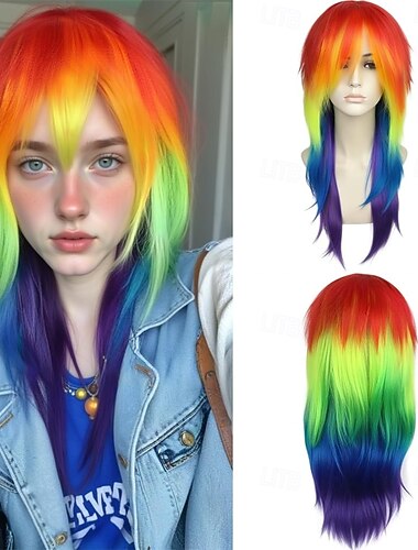  Ombré-Regenbogenperücke für Damen, langes, glattes, buntes Haar, Karnevalsperücke, mehrfarbige Kunsthaarperücke, bunte Kunsthaarperücke für Anime, Cosplay, Halloween, Karnevalspartys