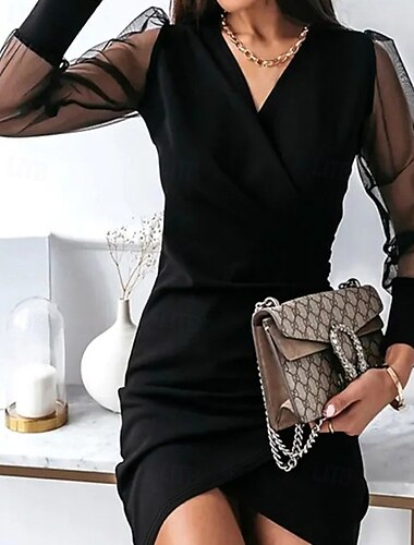  Damen Minikleid schwarzes kleid Etui-Kleid Mode Modern Ferien Date Ausgehen Normale Passform Einfach Langarm V Ausschnitt Schwarz Frühling Herbst