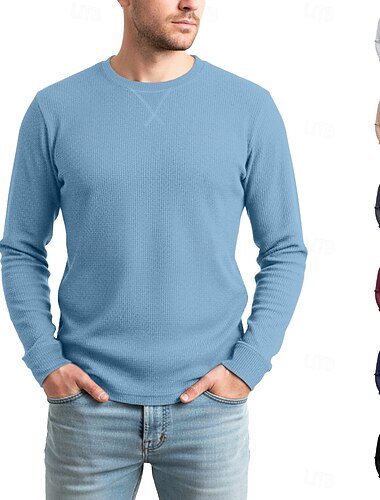  Homme Tee-shirt Gaufre T-shirt manche longue Col ras du cou Toutes saisons Couleur Unie Traditionnel / Vintage Occasionnel Pur Extérieur Maison Sport & Loisir Bleu Noir Blanche T-shirt haut de gamme
