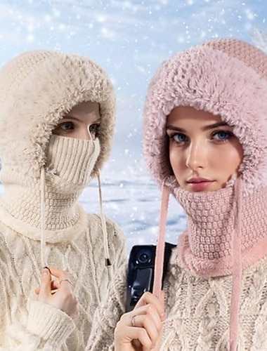  1 قطعة محبوكة سميكة مع قناع وشاح من قطعة واحدة قبعة دافئة 3 في 1 قبعة صوفية مع وشاح وقناع، قناع وجه شتوي 2026، قبعات محبوكة وشاح بغطاء للوجه أقنعة تزلج