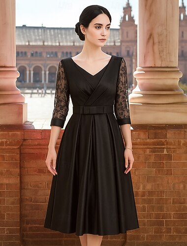  A-linje Te-lengde Festkjole Cocktail Kjole 3/4 ermer Crew-hals Elegant Årgang Fest Polyester Kjole til brudens mor med Blonder Plissert