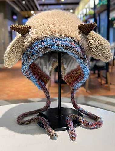  قبعة نسائية شتوية محبوكة من القطيفة على شكل قرن خروف احتفالي لأعياد الميلاد قبعة صوفية دافئة لطيفة على الطراز الكوري مناسبة للحفلات والمناسبات الخارجية