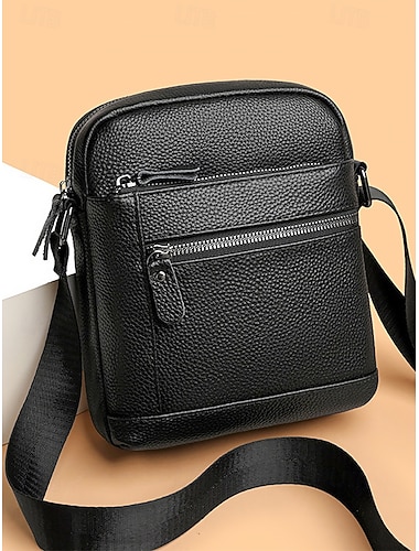  תיק כתף לגברים מעור אמיתי - תיק צד שחור וחום עם כיסים מרובים עם רוכסן, אופנתי ועמיד לעבודה ולטיולים יומיומיים