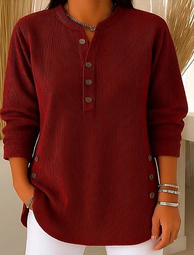  Femmes Chemisier Uni ancien Élégant manche longue Col ras du cou Hauts Réguliers Quotidien Fête Sortir Boutons Noir Vin Vert Véronèse bleu marine Bleu Automne Hiver