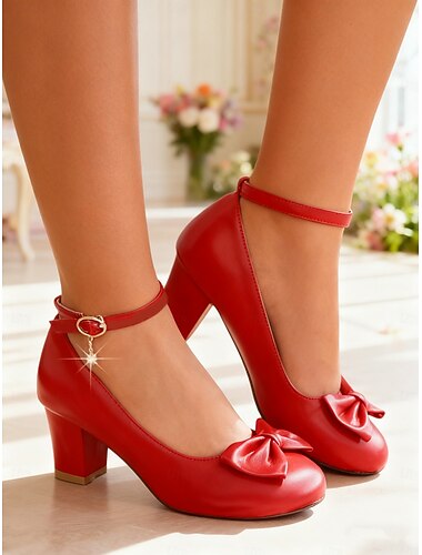  Rote Damen-Pumps mit Schleife und Knöchelriemen – klassischer Vintage-Stil der 1950er Jahre, bequeme Blockabsätze für formelle Anlässe, Partys und den Alltag
