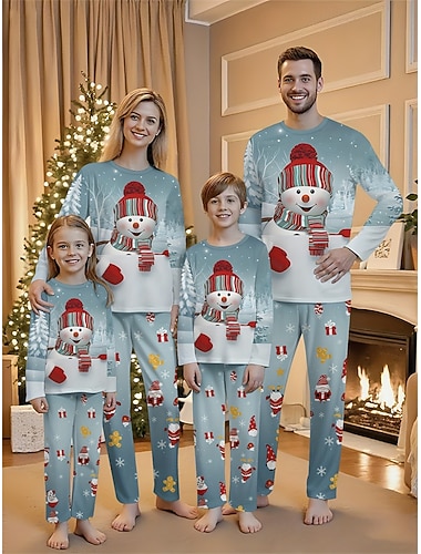  Familie Weihnachten Weihnachtspyjama für die Familie Schlafanzug Familiensets Grafik Schneemann Heim Druck Blau Langarm Täglich Passende Outfits