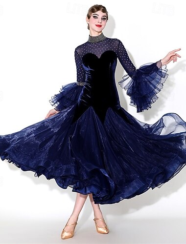  Vestido elegante de baile de salón para mujer, de terciopelo y malla, manga larga, ideal para vals, tango, rumba moderna y competiciones.
