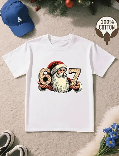  Bomull Jul Barn Gutt Svart Hvit Rød Grafisk julenissen Morsom slang 67 T skjorte T-skjorte Bluse Crew-hals Kortermet utendørs Gate Hverdag Sport Mote Printer Sommer Vår