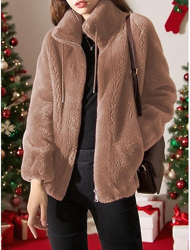  בגדי ריקוד נשים מעיל חורף מעיל שרפה ז'קט קז'ואל שמור על חום הגוף נוח כיס מודרני יום יומי אחיד חג מולד חופשה רחוב לבוש יומיומי רוכסן רגיל עומד רגיל שרוול ארוך הלבשה עליונה יין סגול חום סתיו חורף