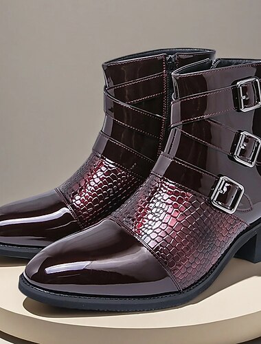  Мужские бордовые лакированные ботинки из искусственной кожи с тройной пряжкой и текстурой под крокодила — модная обувь для вечерних выходов, вечеринок и особых случаев