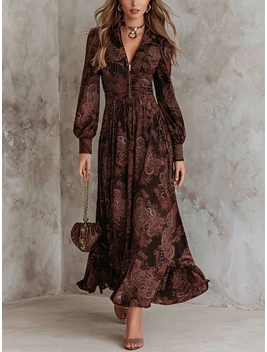  Per donna Abito maxi Tubino Vacanza Boho Quotidiano Ferie Vestibilità regolare Floreale Grafico Manica Lunga Scollo a V Marrone Scuro Primavera Autunno Inverno