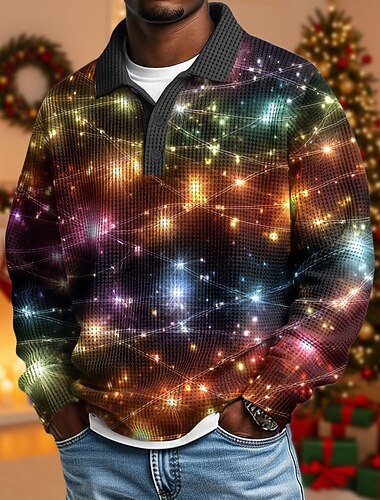  Kerstmis Voor heren Lantaarns Wafel Poloshirts Lange mouw Poloshirt Overhemden met kraag Casual Alledaagse kleding Festivaloutfit Knop Lente Herfst Winter Zwart 1 Zwart 2 Zwart