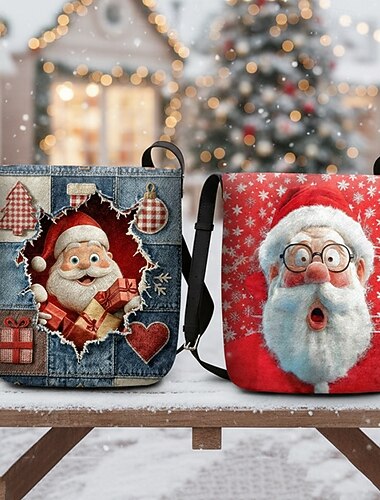  Juleveske til dame i polyesterfløyel, med design av julenisse og katter, festlig veske til jul, perfekt for vinterturer og julebord.