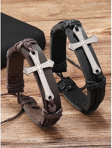  Ανδρικό βραχιόλι με σταυρό από συνθετικό δέρμα, ρυθμιζόμενο μέγεθος, ανθεκτικό και κομψό, ιδανικό για καθημερινή χρήση και casual ντύσιμο
