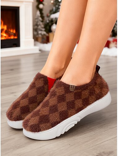  Per donna Sneakers Scarpe a calzata larga Quotidiano Plaid Tacco basso Punta Tonda Casual Comfort Collegiale Camminata Pelliccia Sintetica Mocassino Nero Viola Marrone