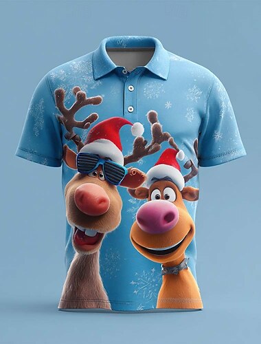  Jul Herre Tegneserie Dyremønstret Polo Kortermet Poloskjorter Skjorter med krage Fritid treningsklær Festivalantrekk Knapper Sommer Vår Høst Svart Blå Himmelblå