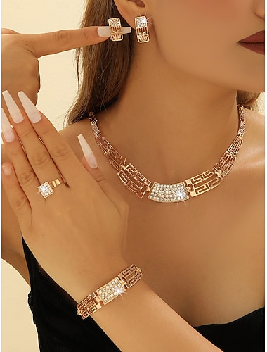  4-delige vergulde sieradenset voor dames - geometrische strass-ketting, oorbellen, armband &ring, luxe bruidsaccessoires voor bruiloften &feest evenementen