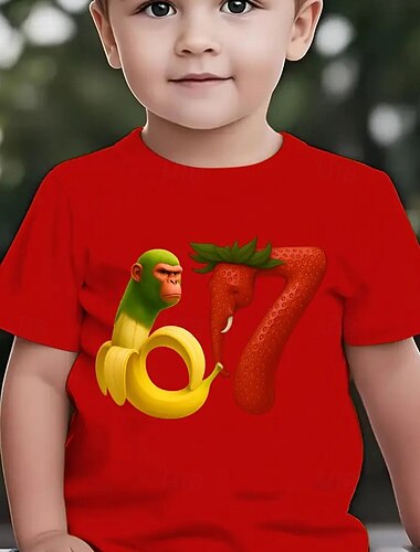  Guttesommer-t-skjorte med korte ermer og mønster for avslappet bruk med banan, gorilla, jordbær og elefant &Tegneserietrykk med nummer 67 – livlig gul med rødt &grønt design, t-skjorte med komfortabel