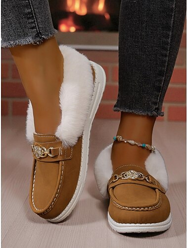  Blå dameloafers i kunstpels – vinterslip-on sko med guldspændedetaljer for afslappet komfort og hyggelige hjemmedage