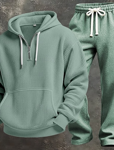  Homens Conjuntos correspondentes Azul Moletom com capuz Moletom com zíper Calças Esportivas Calça de moletom com pernas largas Calças Conjuntos Manga Longa Meio Zíper Ao ar livre Férias Tecido 2 Peças