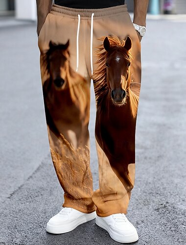  Homme Animal Cheval Vie Sauvage Joggings Pantalons Pantalon décontracté Taille Moyenne Vintage Rétro Extérieur Chasse Entraînement Taille élastique avec cordon de serrage Pantalon droit avec poches