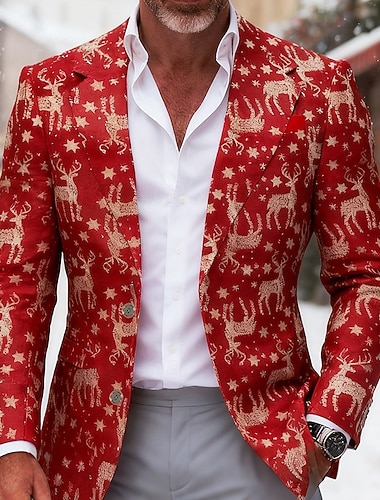  Herren Blazer Weihnachtsblazer Weihnachten Geschäft Cocktailparty Mode Lässig Frühling Herbst Polyester Schneeflocke Hirsch Tasche Knöpfe Bequem Einreihig Blazer Rote