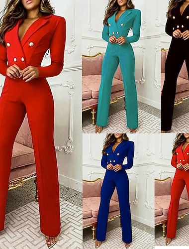  Dámské Běžný Kombinéza Elegantní Pevná barva Dlouhý rukáv Košilový límec Vysoký pas Párty Práce Běžný Vodní modrá Černá Rubínově červená Jaro