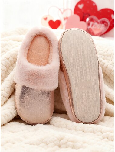  Dame lyserøde metalliske hjemmesko med kunstpelskant – skinnende plysagtige slip-on-detaljer til soveværelset, spa-dage, brudepiger og valentinsdagsgaver