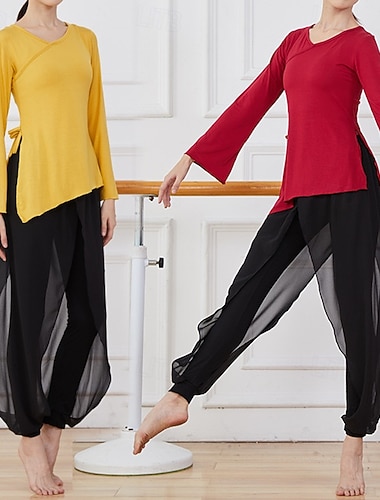  Жен. Костюм для йоги Тренировочный комплект из 2 предметов Сплошной цвет Наборы одежды Осень Черный Красный Модал Танцы Пилатес Йога Завышенная Легкость Дышащий Длинный рукав Спорт Спортивная одежда