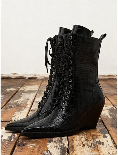  Botas de cano curto femininas marrons com estampa de crocodilo, cadarço e salto bloco - calçado estiloso inspirado nos anos 70, perfeito para uso casual, no escritório e no dia a dia.