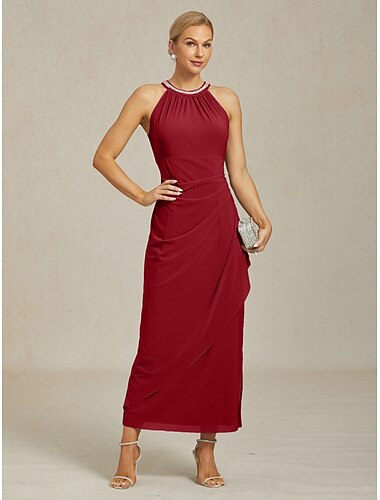  Femmes Robe maxi Robe fourreau Élégant robe demoiselle d honneur Cocktail A Volants Embelli Fendu Couleur Unie Sans manches Col ras du cou Rouge